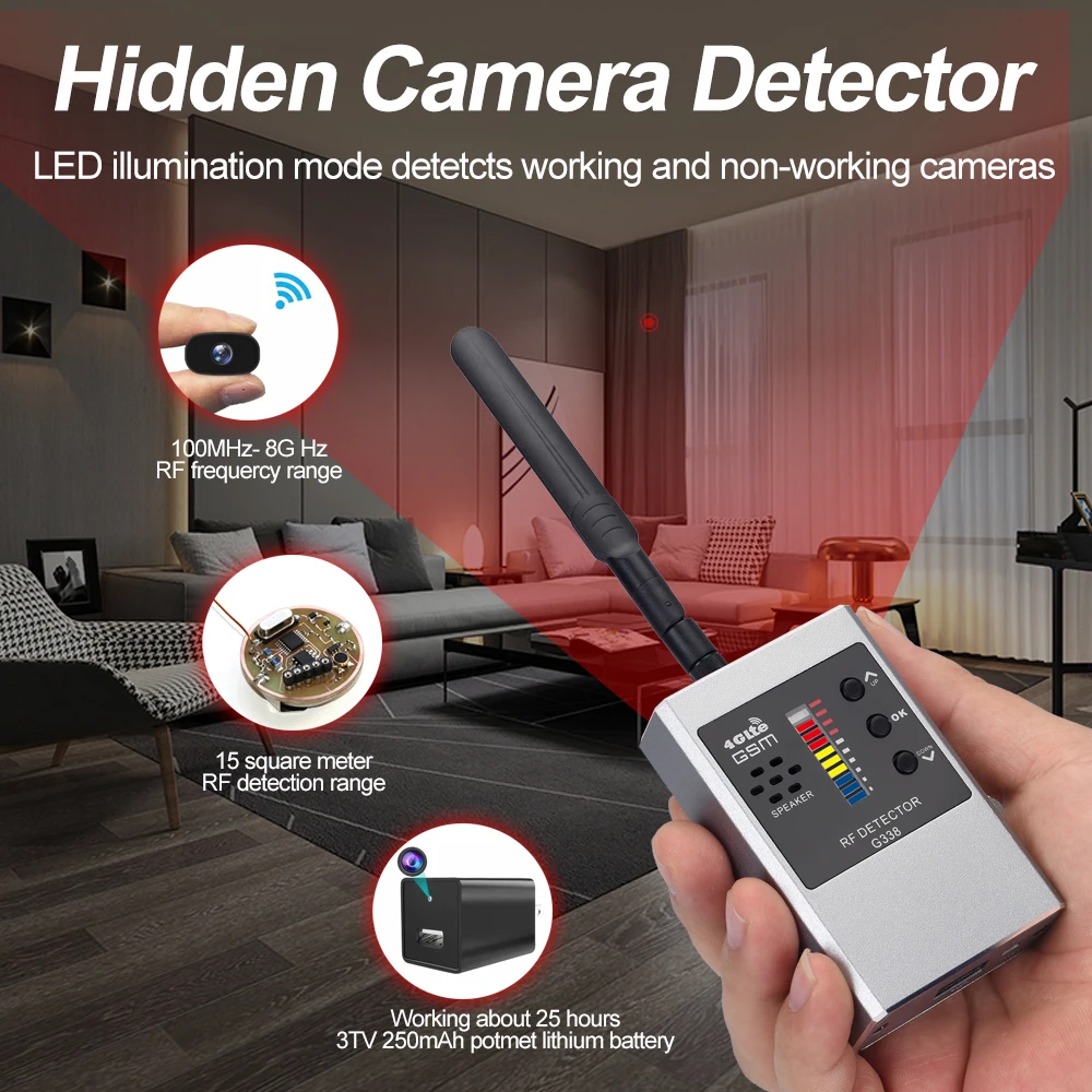 

Professional Anti-Spy Hidden Camera Detector RF Signal Wireless Camera Lens Bug GPS Tracker Magnetic GSM Device Scan Finder G338