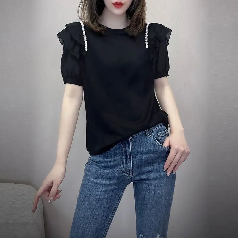 

Summer New Round Neck Black Ruffles Beading T-shirt Ladies Short Sleeve Casual Fashion Pullover Tops Women Loose All-match Tee