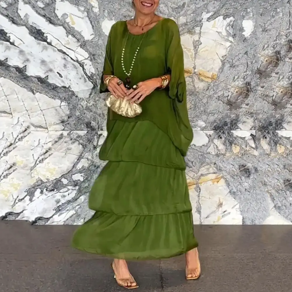 Women Dress Three Quarter Bat Sleeves O Neck Solid Color Layered Hem Loose Soft Pleated Breathable Ankle Length Party Prom Maxi
Women Dress Three Quarter Bat Sleeves O Neck Solid Color Layered Hem Loose Soft Pleated Breathable Ankle Length Party Prom Maxi