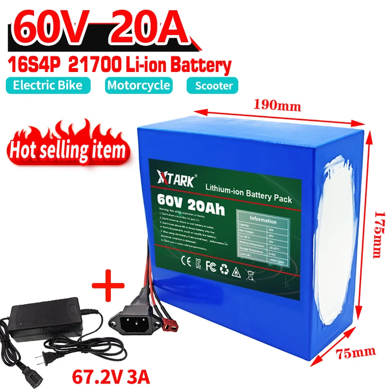 60V 16S4P 21700 Lithium Battery Pack 1000W-3000W 20A BMS T XT60 Plug for Electric bicycle Motorcycle scooter ebike battery
60V 16S4P 21700 Lithium Battery Pack 1000W-3000W 20A BMS T XT60 Plug for Electric bicycle Motorcycle scooter ebike battery