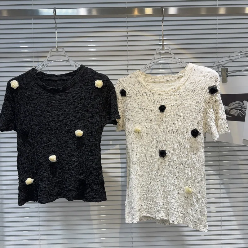 

BORVEMAYS Pleated Stretch Slim T-shirt Summer New 2024 O Neck Shrot Sleeve Patchwork 3D Flower Fashion Tops Thin WZ8441