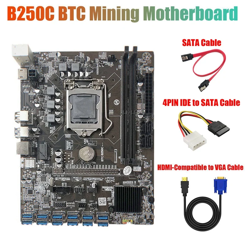 

FULL-B250C Mining Motherboard With 4PIN IDE To SATA Cable+HD To VGA Cable+SATA Cable 12 PCIE To USB3.0 GPU Slot LGA1151