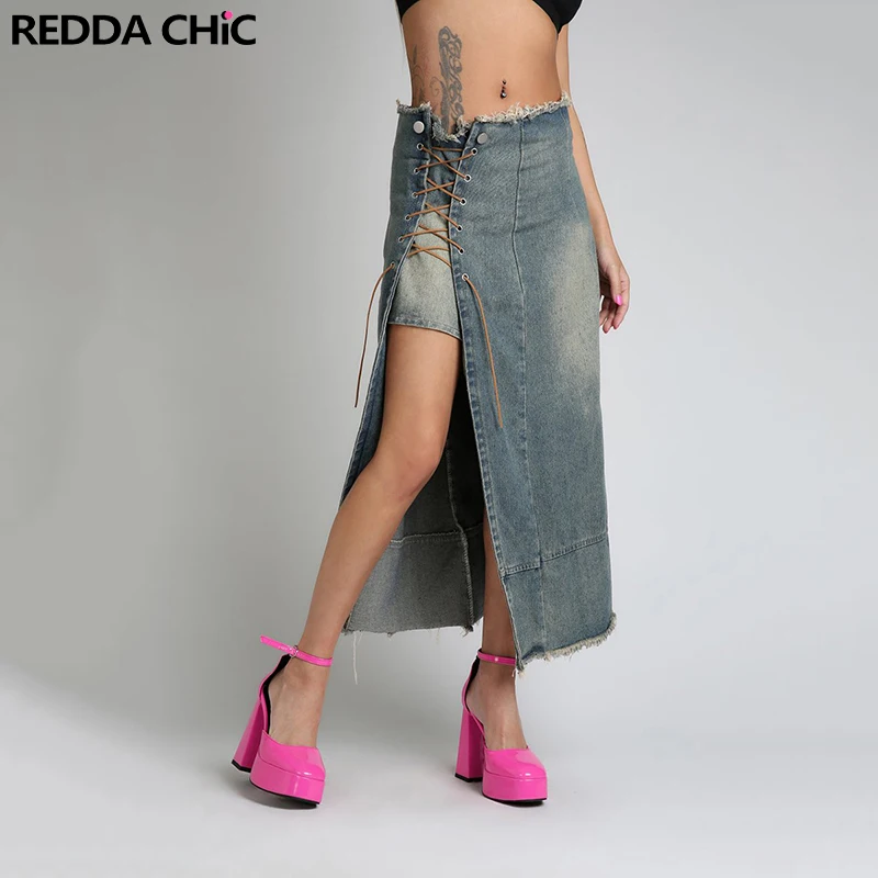 

REDDACHiC Vintage Bandage Low Waist Denim Midi Skirt Casual Plain Lace Up Open Leg Thigh-high Split Frayed Long Jean Bottoms