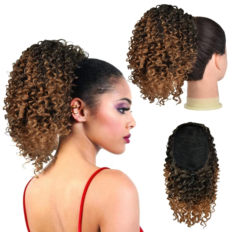 

Короткие пушистые Модные накладные волосы с кулиской хвост афро кудрявые удлинители волос с зажимом для женщин безклеевой парик повседневное использование