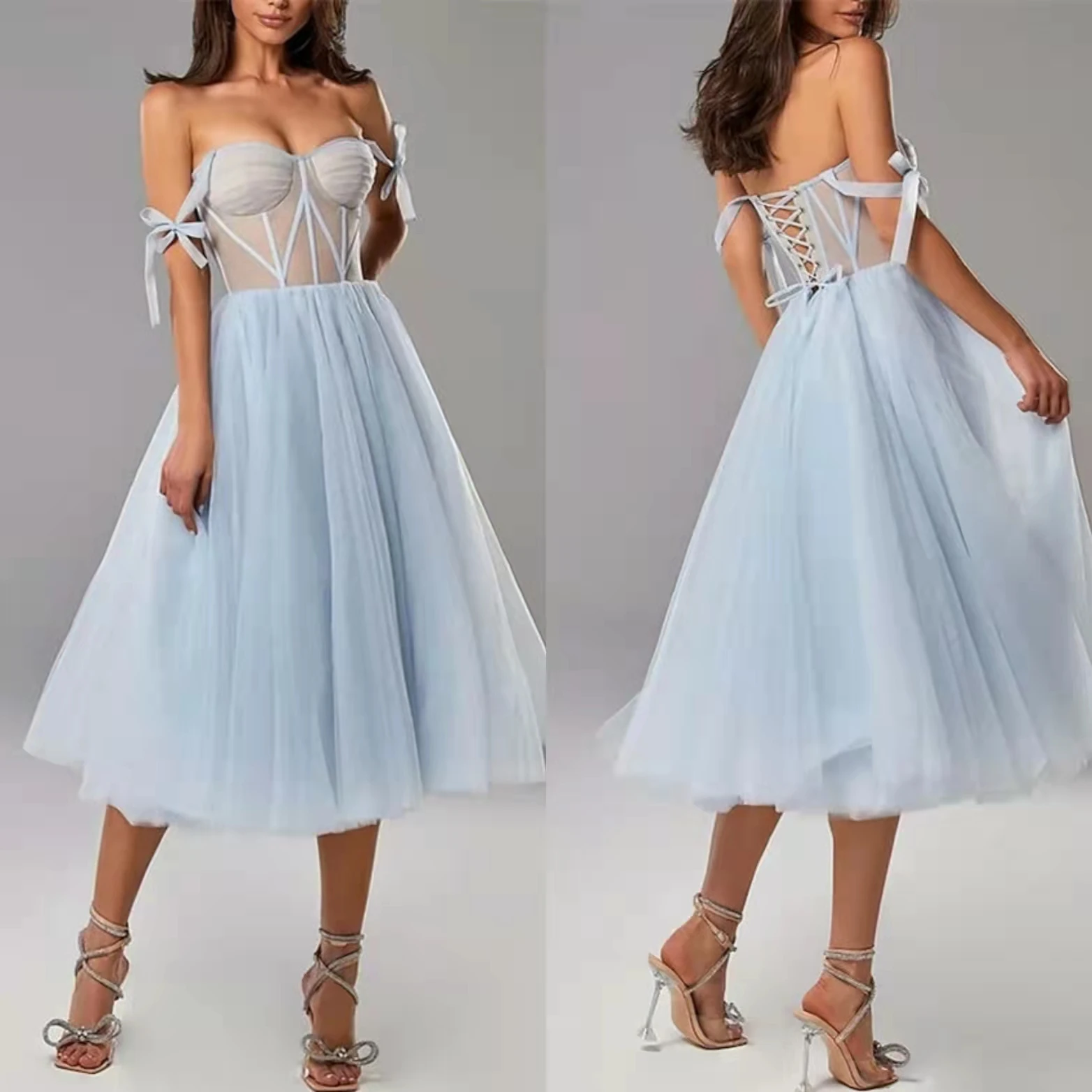 Elegant Short Light Blue Tulle Evening Dress A-Line Off Shoulder Corset Back Prom Dresses Party Gowns Robes de soirée for Women
Elegant Short Light Blue Tulle Evening Dress A-Line Off Shoulder Corset Back Prom Dresses Party Gowns Robes de soirée for Women