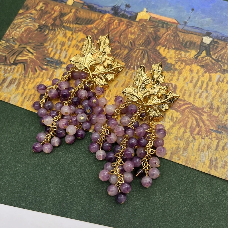 

Grape Shape Woman Earrings Marble Purple Resin Beads Tassel Pendant Statement Stud Accessories