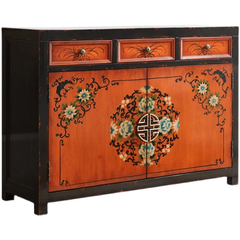 

American-Style Solid Wood Curio Cabinet Vintage Painted Chest of Drawers Mid-Ancient Entrance Cabinet Distressed Two-Door