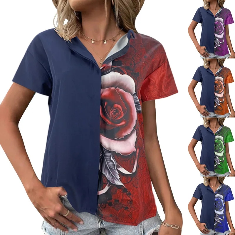 Women's Summer T-shirt New Floral Print Tops Buckle V-neck Splicing Shirt Women's Blouse
Women's Summer T-shirt New Floral Print Tops Buckle V-neck Splicing Shirt Women's Blouse