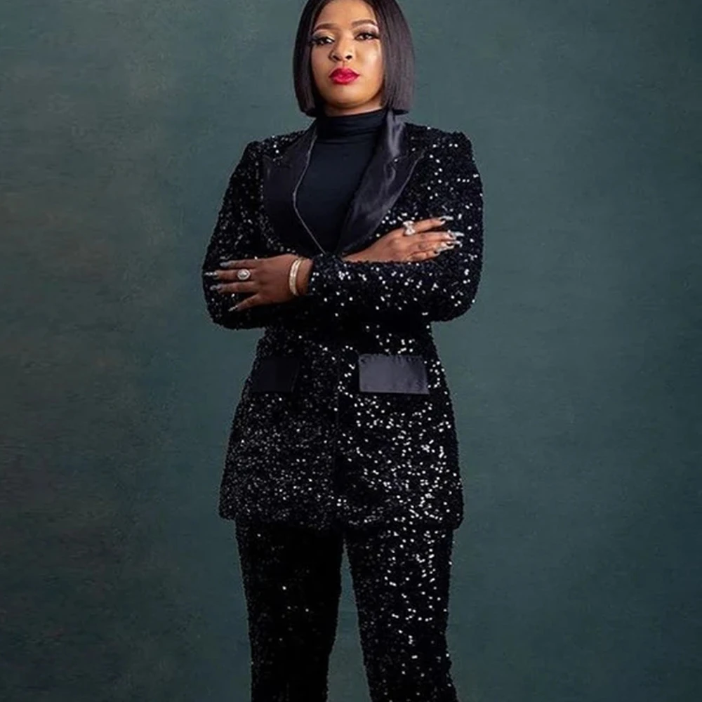 Sparkly Formal Women Suits Black Notched Lapel Sequins Jacket Pants 2 Pcs Prom Party Tuxedo Lady Office Single Breasted Blazer
Sparkly Formal Women Suits Black Notched Lapel Sequins Jacket Pants 2 Pcs Prom Party Tuxedo Lady Office Single Breasted Blazer