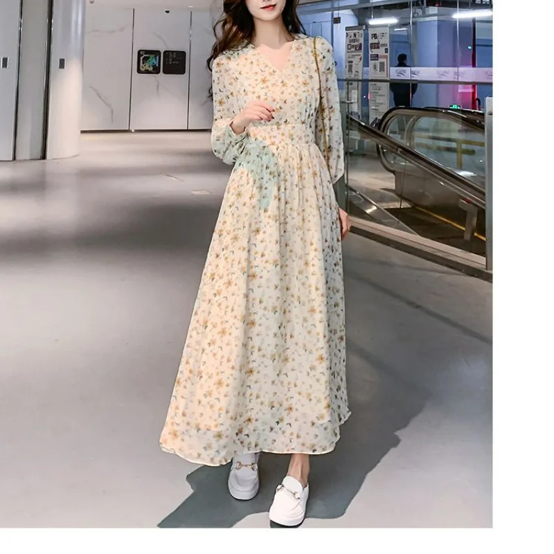 

Женское шифоновое платье с принтом, простое облегающее платье-трапеция составного кроя с V-образным вырезом и длинным рукавом, осень 2023