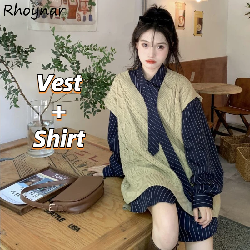 Sets Women Spring Fall Korean Style Vintage Knitted Sweater Vest Tender Elegant Striped Loose Shirts Tops Preppy Teen Girls BF
Sets Women Spring Fall Korean Style Vintage Knitted Sweater Vest Tender Elegant Striped Loose Shirts Tops Preppy Teen Girls BF
