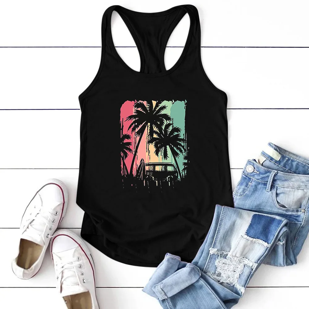 

Seeyoushy Coconut Tree Car Print Printed Tank Top Summer Casual Vacation Vest Fashion Women's Oneck Sleeveless T-shirt Top Mujer