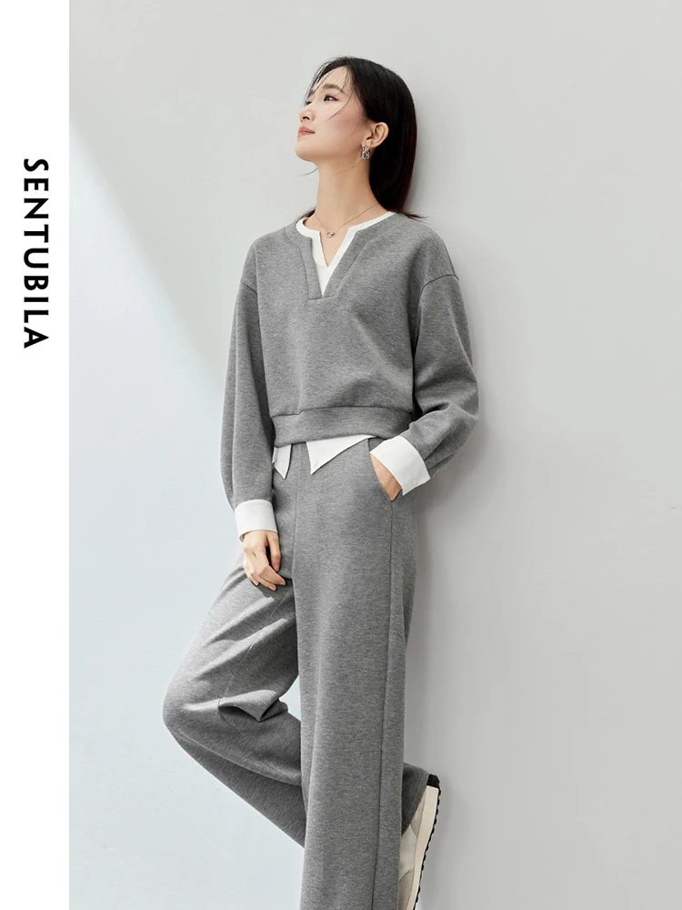 

SENTUBILA Contrast Spliced Casual Tracksuits Cropped Sweatshirts Wide Leg Pant 2 Piece 2024 Spring Sports Matching Set 141Z53459