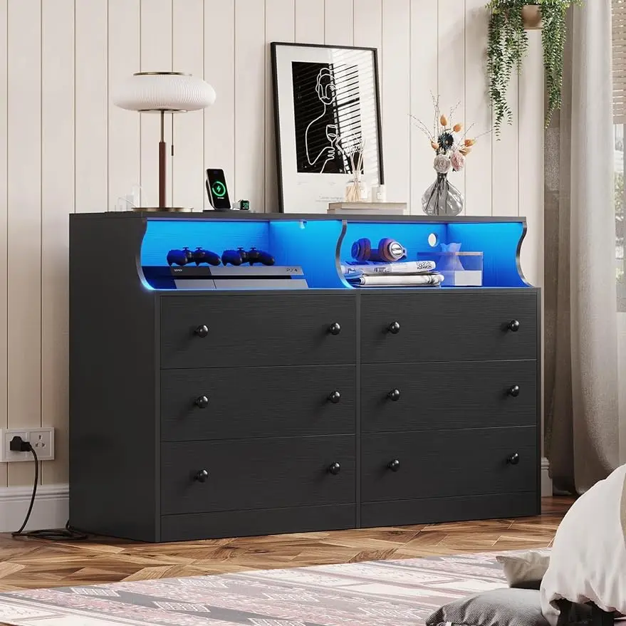 LED 6 Drawer Double Dresser for Bedroom with Charging Station, Chest of Drawers with Open Storage, Modern Storage Organizer Unit
LED 6 Drawer Double Dresser for Bedroom with Charging Station, Chest of Drawers with Open Storage, Modern Storage Organizer Unit