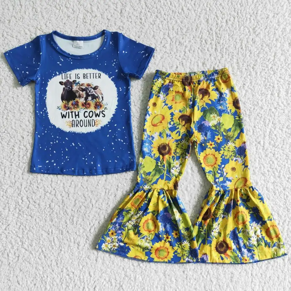 Toddler Summer Cow Sunflower Kid Blue T-shirt Bell Bottom Pants Baby Girl Clothes Outfits Boutique Wholesale
Toddler Summer Cow Sunflower Kid Blue T-shirt Bell Bottom Pants Baby Girl Clothes Outfits Boutique Wholesale