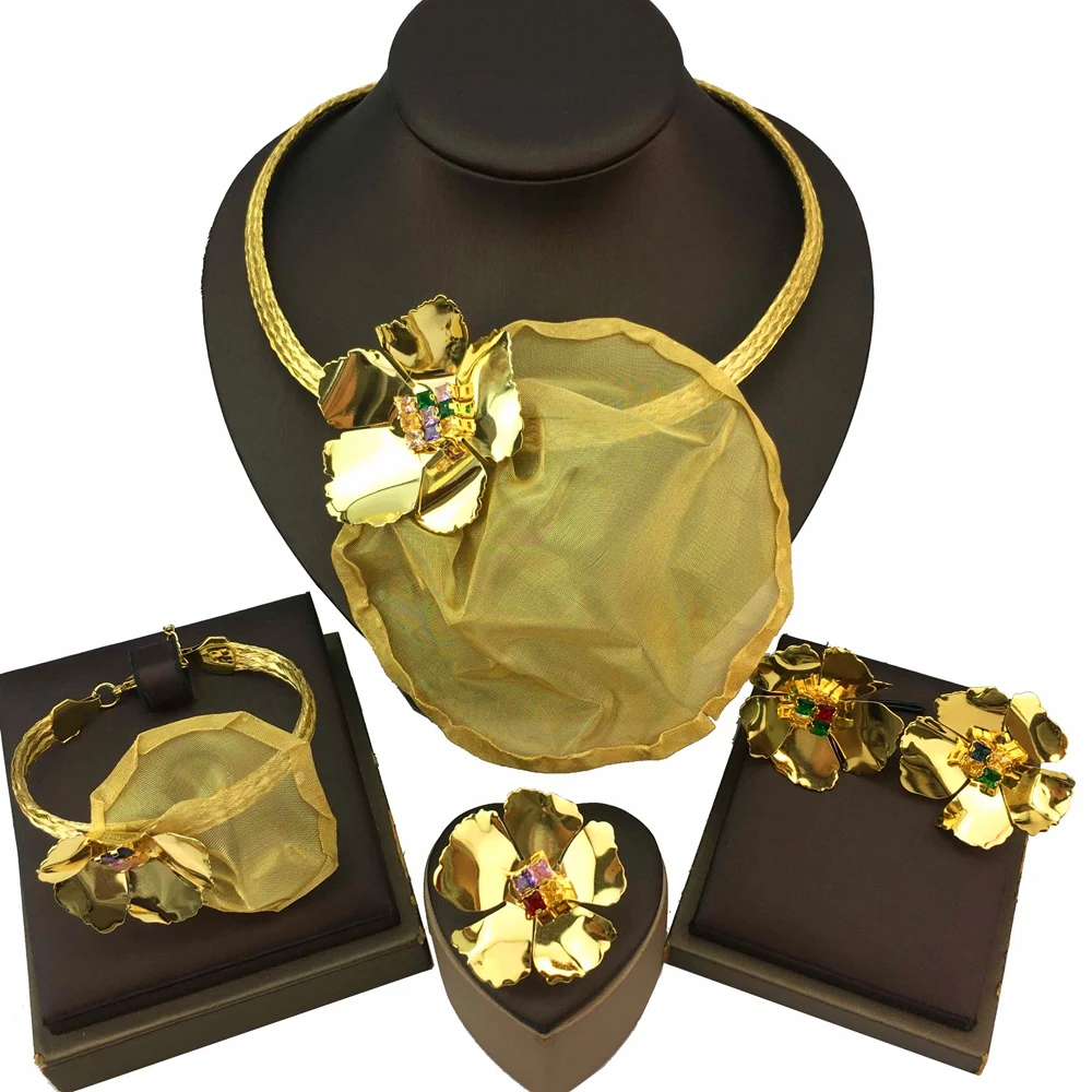 

Yuminglai Women Brazilian Style Fashion Bride Wedding Trendy African 24K Gold Plated Copper Jewelry Set FHK18173