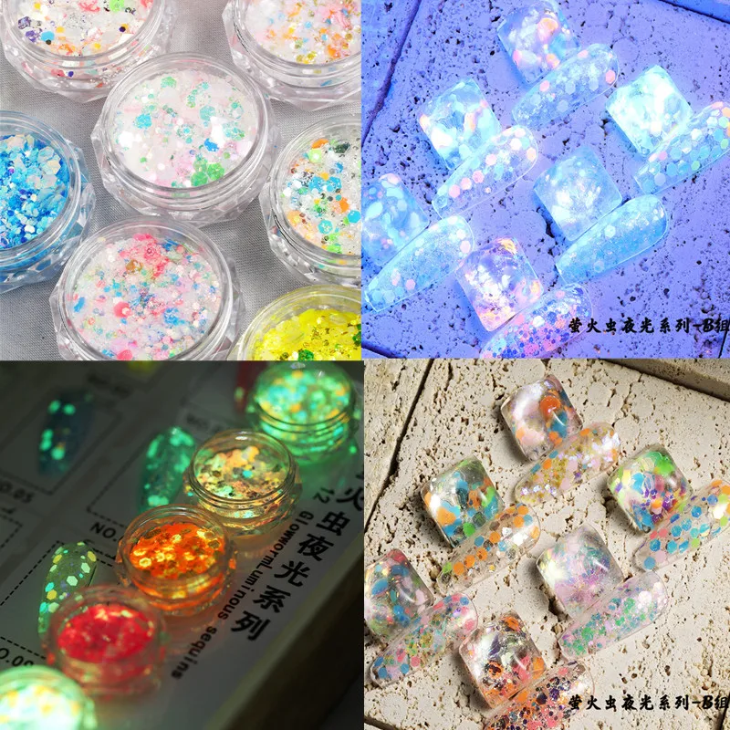 

1g/box 2023 Hot Glow-in-the-Dark Firefly Series Nail Sequins Glitter Mix Size Dust Nail Art Decorations Powder DIY Nail Ornament