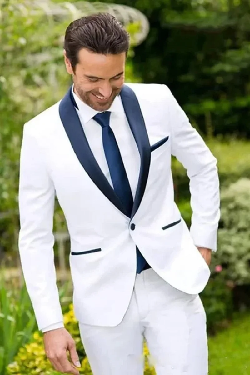 

Cheap Custom Made White Groom Tuxedos Blue Lapel Best Groomsmen Men Suit Wedding Suits Slim Fit Bridegroom Business Suit