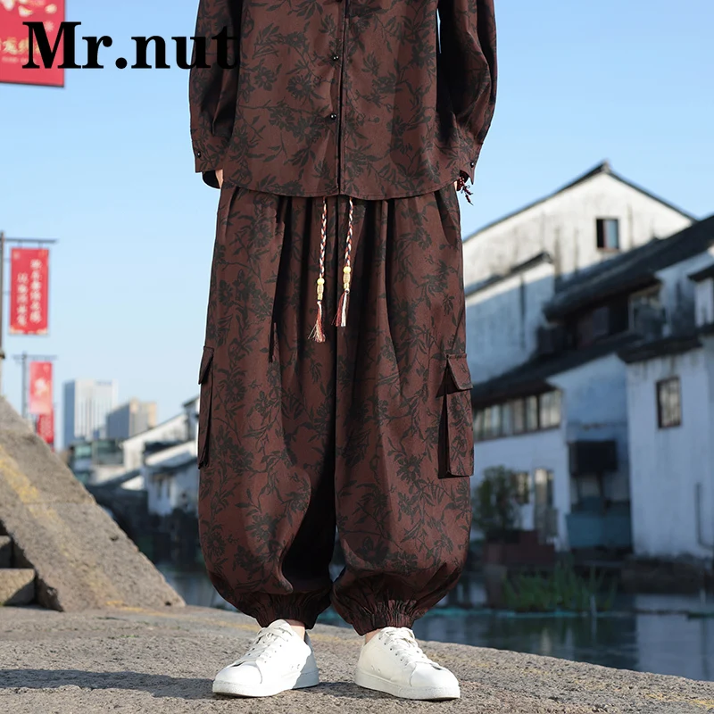 

Mr.nut Pine Leaves Men's Clothing Wide Leg Pants Loose Oversize Harem Pants Women Baggy Lantern Joggers Retro Pockets Trousers