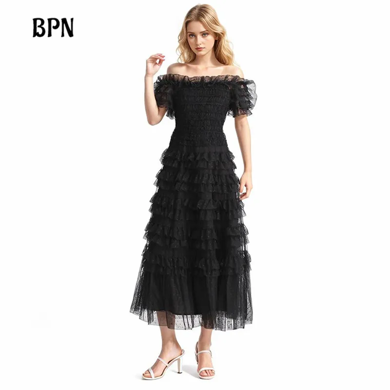 

BPN Elegant Patchwork Sheer Mesh Dresses For Women Slash Neck Short Sleeve High Wiast Solid S Line Long Dress Female Fashion New