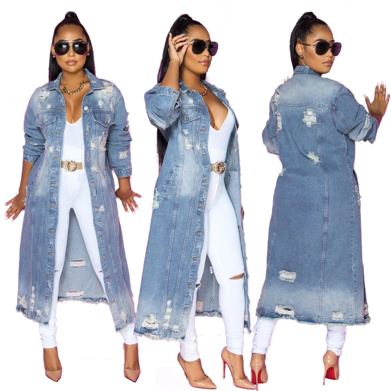 

Women Coat Spring Autumn Fashion Loose Long Sleeve Cloak Hole Denim Trench Coat Lady Casual Cardigan Long Denim Jean Jacket