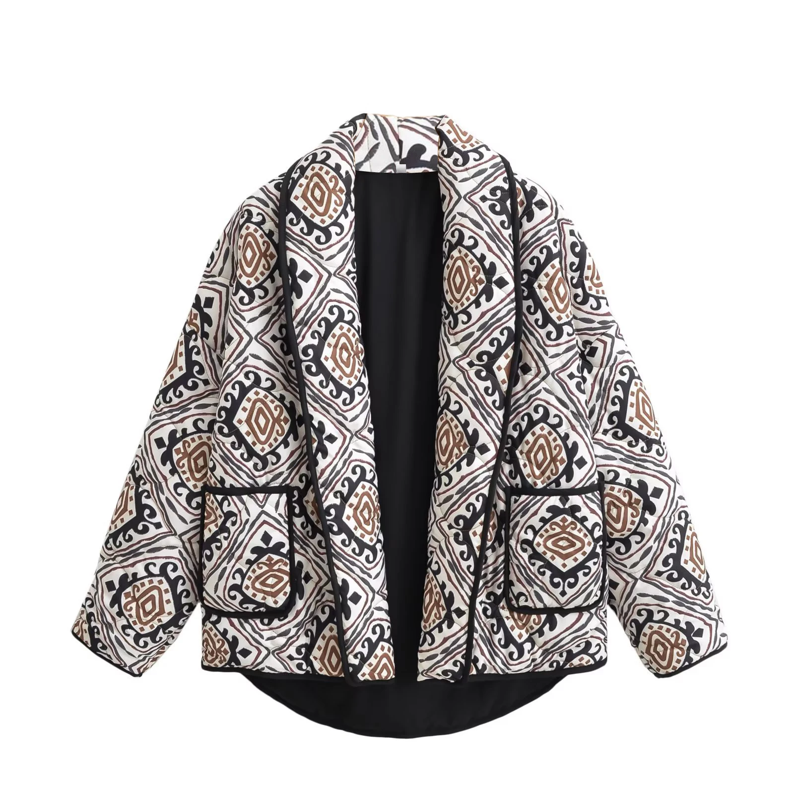 

Women's Puffer Jacket Ethnic Style Print Shawl Collar Quilted Coat Fall Winter Long Sleeve Padded Jacket Outerwear