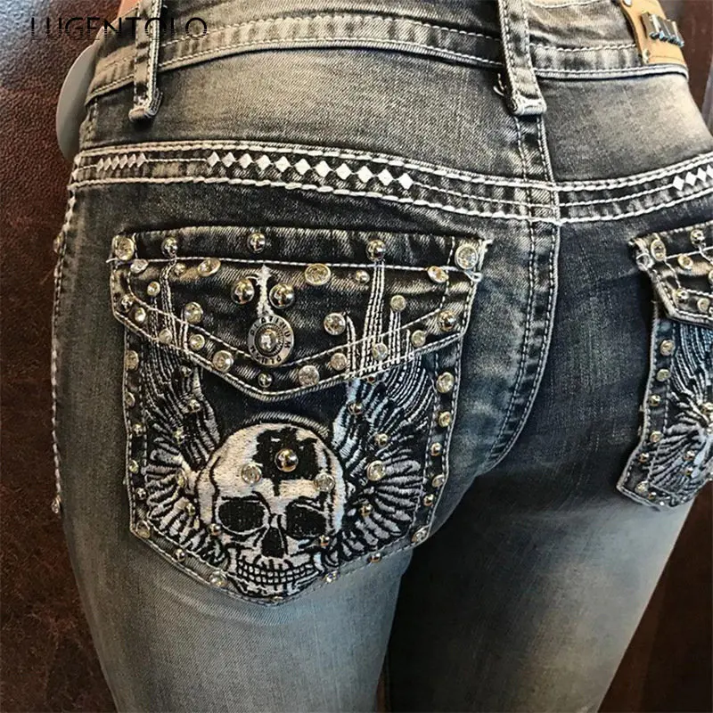 Women Elasticity Jeans Slim Vintage Skull Embroidery Fashion Casual Trousers Lady Black Gray Pencil Long Jeans
Women Elasticity Jeans Slim Vintage Skull Embroidery Fashion Casual Trousers Lady Black Gray Pencil Long Jeans