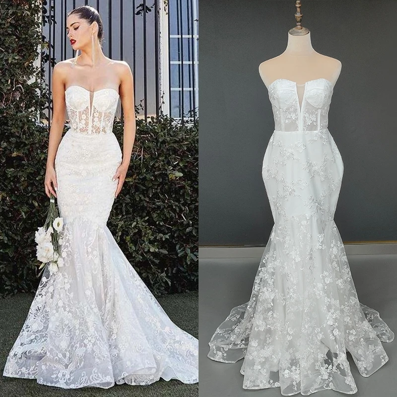 13842# Elegant V-neck Illusion Lace Appliques Zipper Mermaid Sweep Train Wedding Dress Exquisite Sleeveless Bridal Gown New
13842# Elegant V-neck Illusion Lace Appliques Zipper Mermaid Sweep Train Wedding Dress Exquisite Sleeveless Bridal Gown New