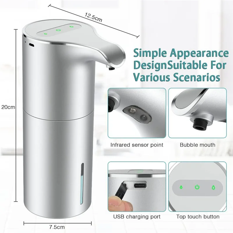 Soap Dispenser Automatic - Touchless USB Rechargeable Electric Foam Soap Dispenser Adjustable Waterproof 450 ML Silver
Soap Dispenser Automatic - Touchless USB Rechargeable Electric Foam Soap Dispenser Adjustable Waterproof 450 ML Silver