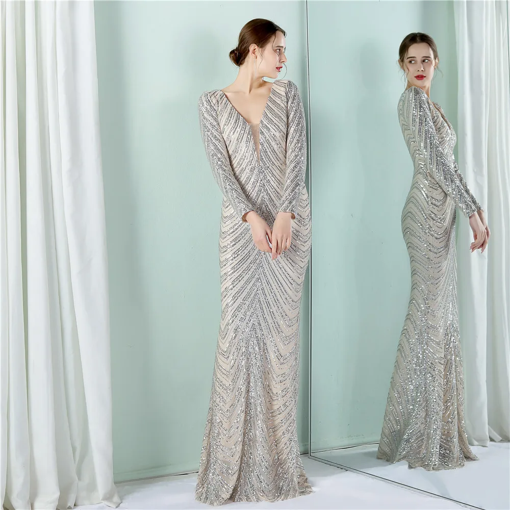 2022 New Women Elegant V-neck Long Sleeve Evening Dress Sexy Mermaid Sequin Women Floor length Wedding Party Dress Vestidos
2022 New Women Elegant V-neck Long Sleeve Evening Dress Sexy Mermaid Sequin Women Floor length Wedding Party Dress Vestidos