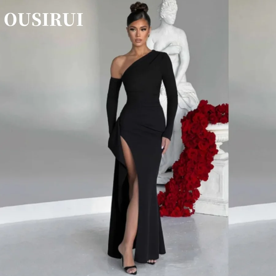 

High Slit Sexy Evening Dress Elegant Fashionable Banquet Party Slim for Slimming Slant Shoulder Long Sleeved Dress off Shoulder