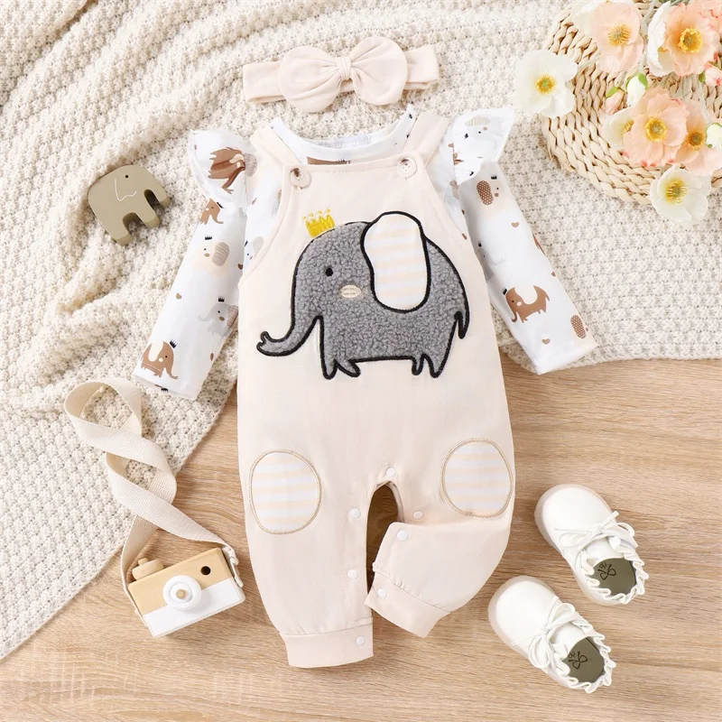 

Listenwind Baby Girls Outfit Long Sleeve Crew Neck Elephant Print T-shirt with Embroidery Overalls and Headband Clothing Set