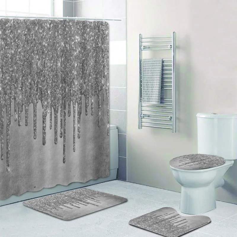 Trendy Grey Silver Faux Metallic Ice Sparkle Drip Shower Curtain Set for Bathroom Glitter Bath Rugs Home Decor Lid Toilet Cover
Trendy Grey Silver Faux Metallic Ice Sparkle Drip Shower Curtain Set for Bathroom Glitter Bath Rugs Home Decor Lid Toilet Cover