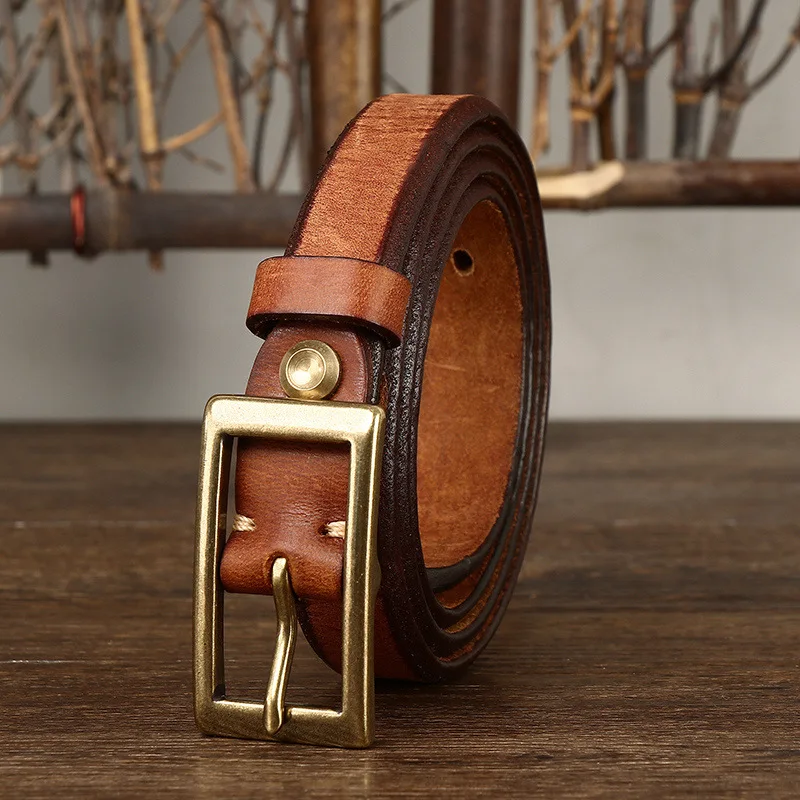 

2.4CM Fashion Copper Buckle Retro Leather Skinny Waist Belt Women's Thick Pure Cowhide Jeans Belt Luxury Female