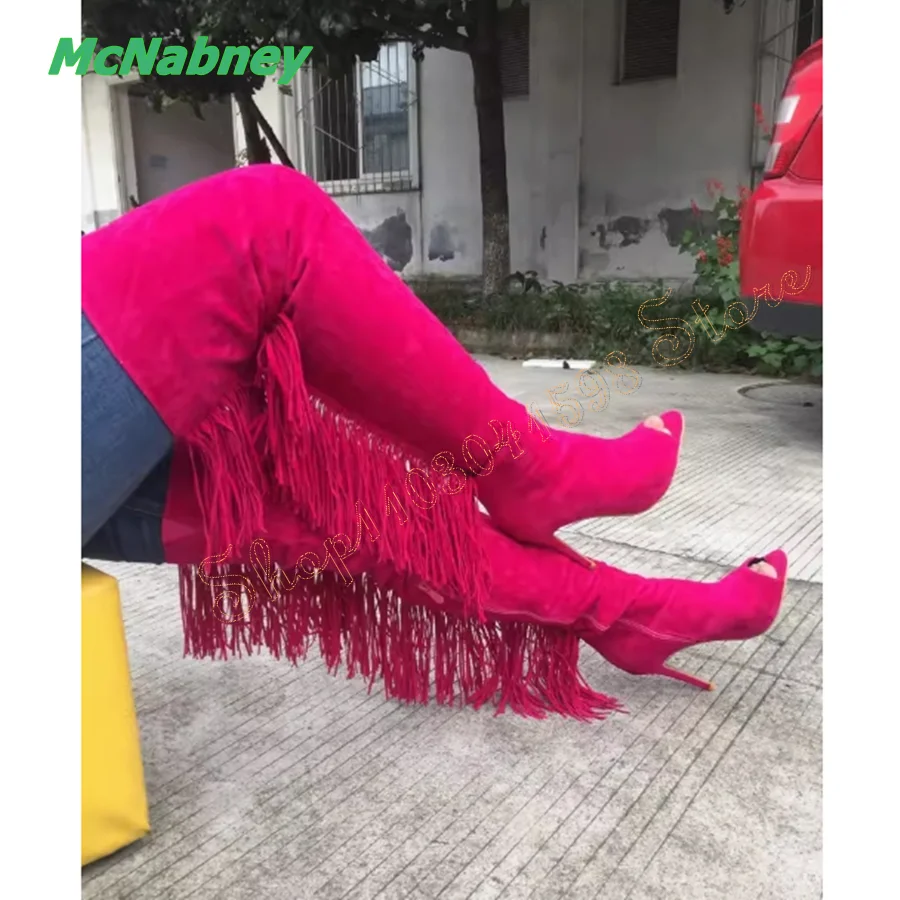 

Suede Fringed Over The Knee Boots,Peep Toe Thin Heel Women Boots Zipper High Heel Boots Plus Size 2024 New Zapatos Para Mujere