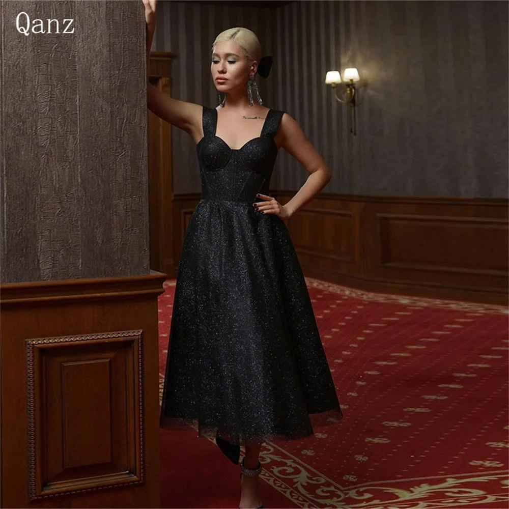 

Блестящие черные платья Qanz для выпускного вечера на тонких бретельках корсет длиной ниже колена платья для торжества блестящее Тюлевое платье для вечеринки роскошное элегантное платье