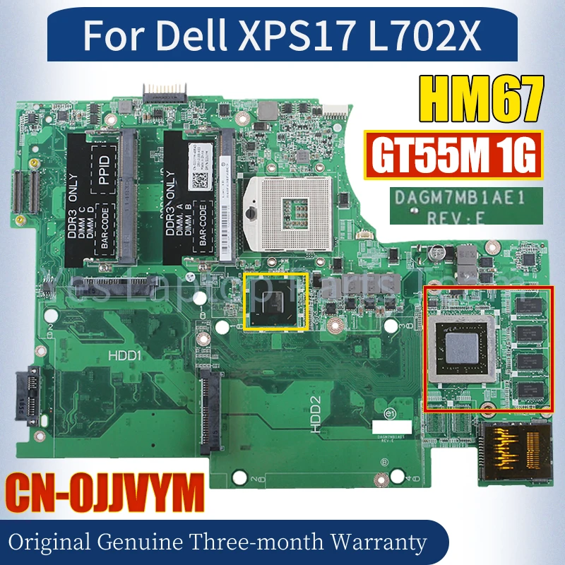 

DAGM7MB1AE1 For Dell XPS17 L702X Laptop Mainboard CN-0JJVYM N12E-GE2-B-A1 GT55M 1G HM67 100％ Tested Notebook Motherboard