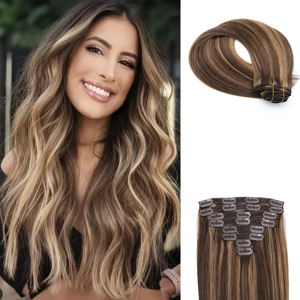 

Straight Clip in Hair Extensions Human Hair Seamless Invisible PU Skin Weft Ombre Chocolate Brown to Caramel Blonde P4/27#