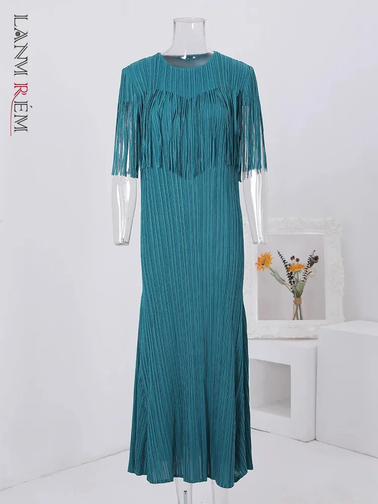 

LANMREM Summer Tassel Spliced Design Pleated Dress Women Fashion Round Neck Solid Color Long Dresses Elegant 2024 New 32C732