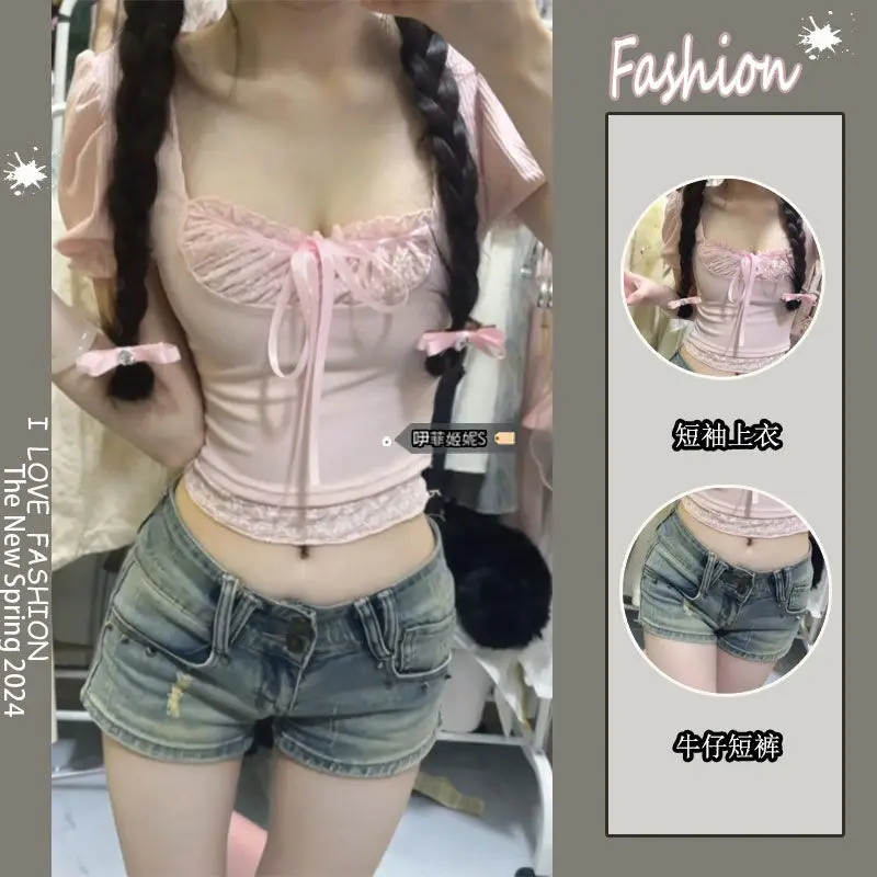 

Fake two piece splicing Slim thin bubble sleeve top suit female summer waist thin denim shorts sweet spicy girl style women clot