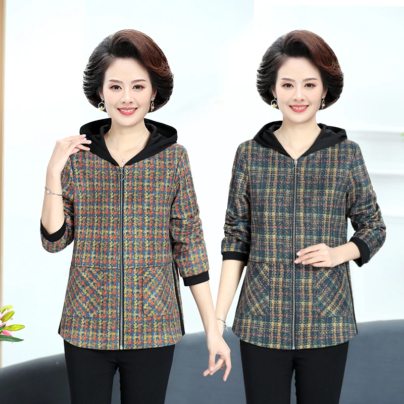 Middle-aged Women's New Spring Plaid jacket Coat Zipper hooded Jacket Autumn Coats Mother Casual loose Outerwear
Middle-aged Women's New Spring Plaid jacket Coat Zipper hooded Jacket Autumn Coats Mother Casual loose Outerwear