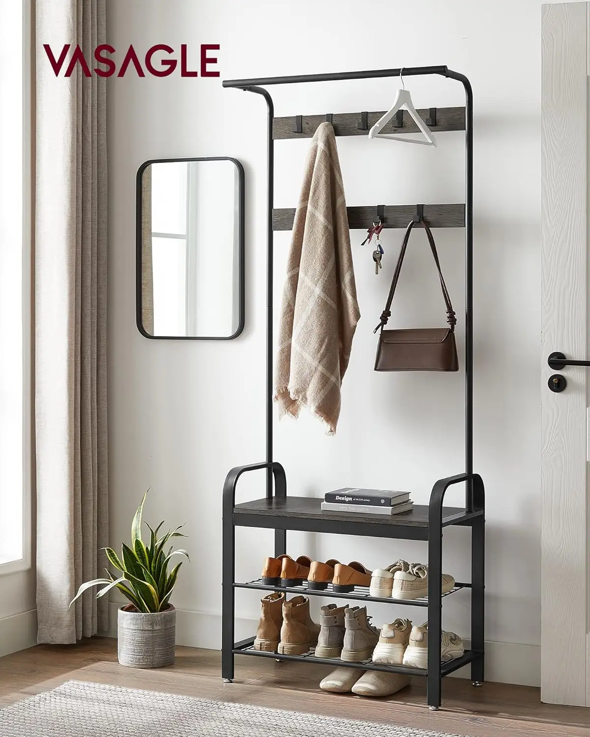 

Coat Rack, 4-in-1, with 9 Removable Hooks, a Hanging Rod, 13.3 x 28.3 x 72.1 Inches, Charcoal Gray and Black