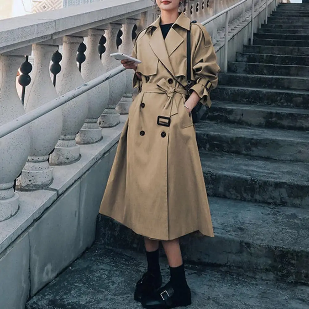 

Elegant Belt Office Long Trench Coat Women Spring Autumn Loose Turndown Collar Fall Overcoat New Solid Color Long Sleeve Outwear