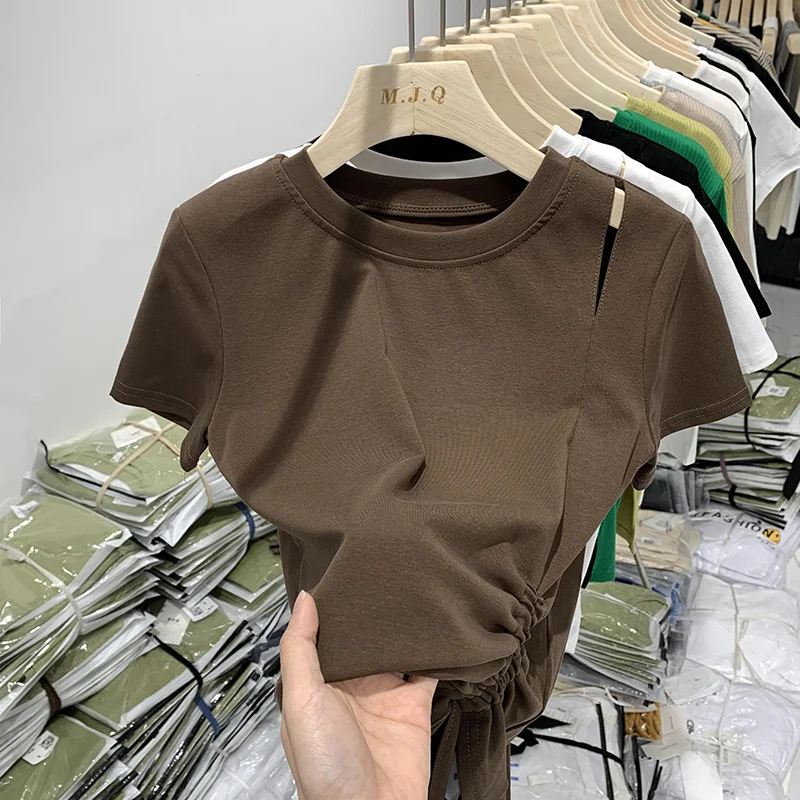 Shirring Drawstring Design Skinny Short T-shirt For Women Summer Slim Holes Short Sleeve Chic Top Female Cotton Korean Tees
Shirring Drawstring Design Skinny Short T-shirt For Women Summer Slim Holes Short Sleeve Chic Top Female Cotton Korean Tees