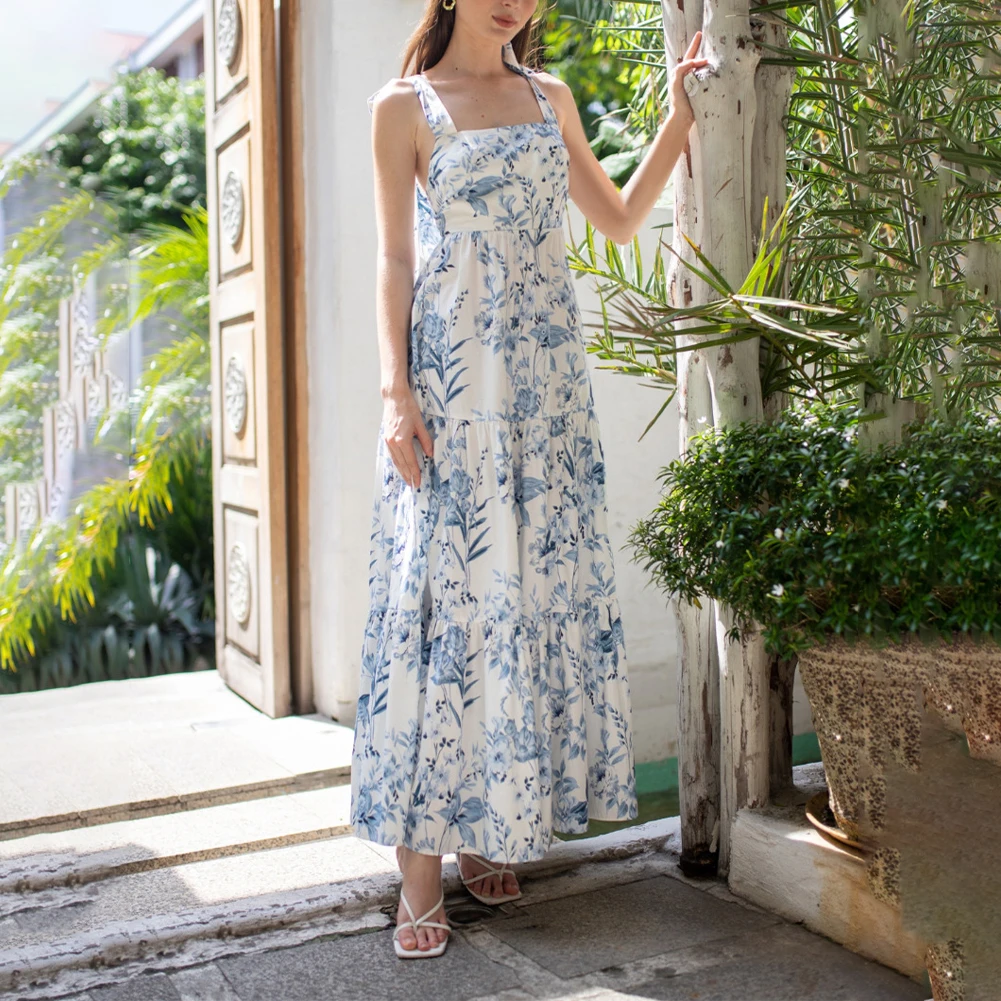 

Women Summer Finjani Knot Detail Cami Dress Floral Print Elegant Backless Sleeveless Dresses Tie Shoulder Loose Beach Dress