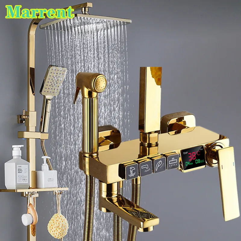 

Gold Digital Shower System Faucets Quality Brass Bathtub Mixer Tap Wall Mounted Golden Hot Cold Thermostatic Bathroom Shower Set