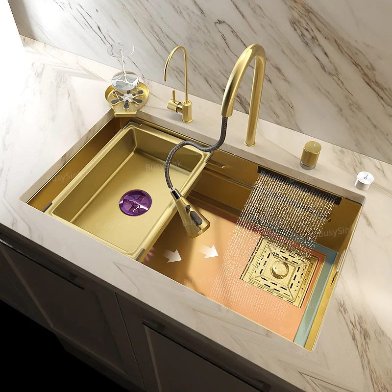 

Stainless Steel Waterfall Sink for Kitchen, Large Single Slot, Gold Wash Basin, Multifunction Tank, Drop-in, Undermount