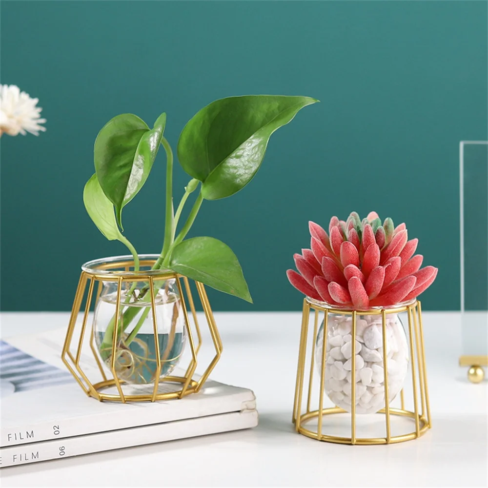 

Mini Geometric Glass Flower Pot With Metal Bracket Modern Tabletop Glass Plant Pots Succulent Container Home Garden Decoration