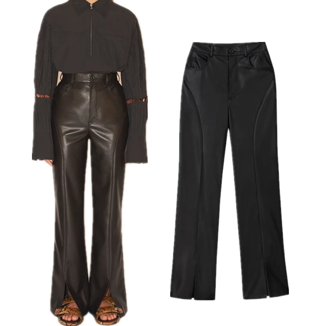 

Maxdutti High Quality Faux Leather Pants Spring Summer Casual Loose Slit Straight Leather Pants Retro High Waisted Pants Wom