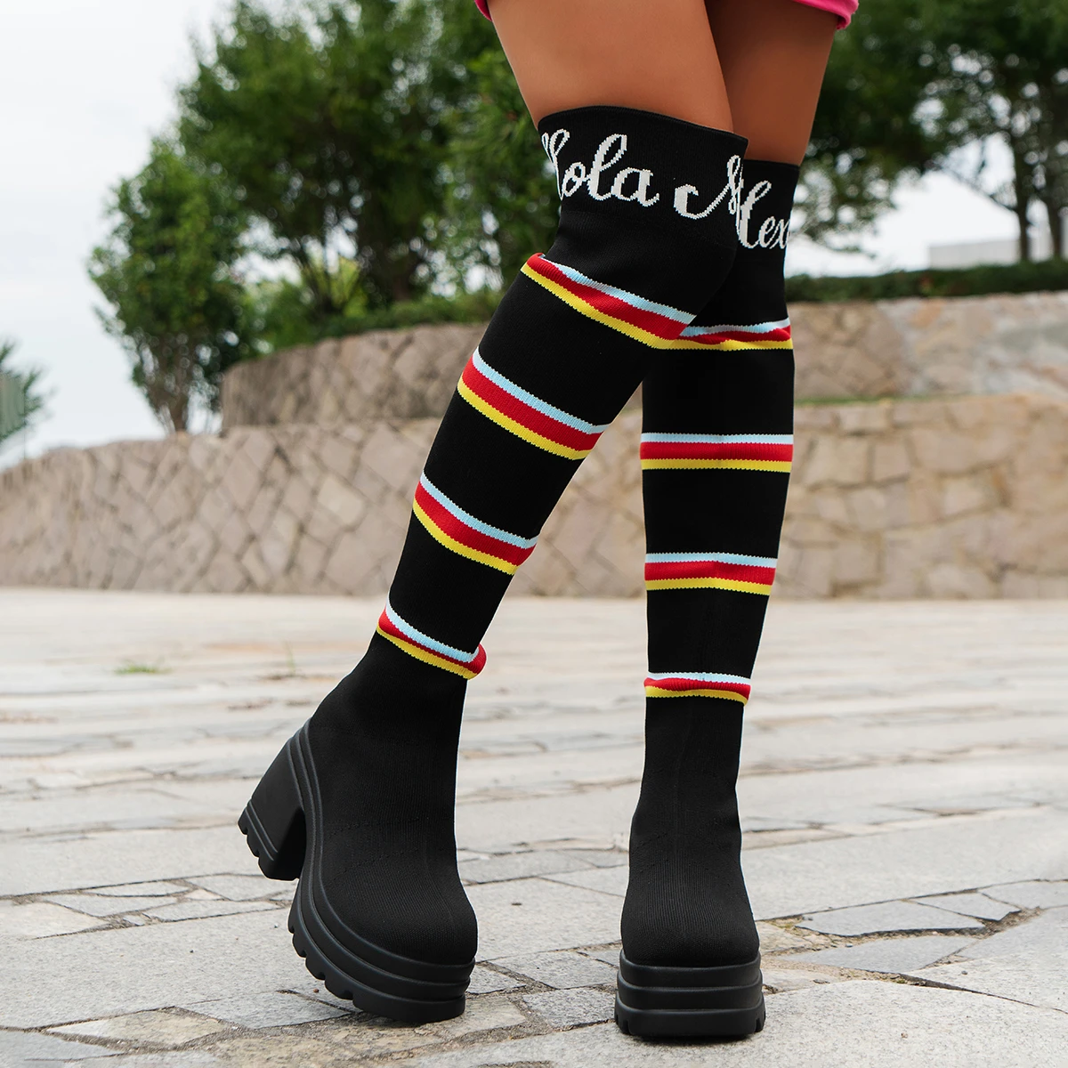 

Platform Over The Knee Knitting Sock Boots 2023 Winter New High Heels Shoes Chunky Chelsea Boots Fashion Weave Mujer Pumps Botas